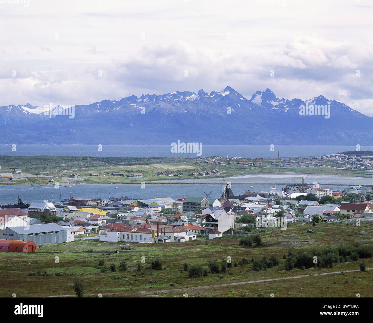 Argentina South America beagle Canal Tierra del Fuego coast settlement overview Ushuaia Stock Photo