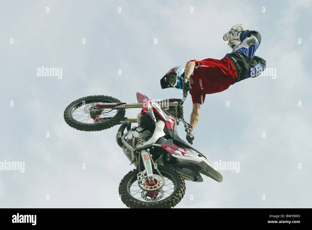 action FMX Freestyle jump man moto cross motor sport motorbike motorcycle sky sports Stock Photo