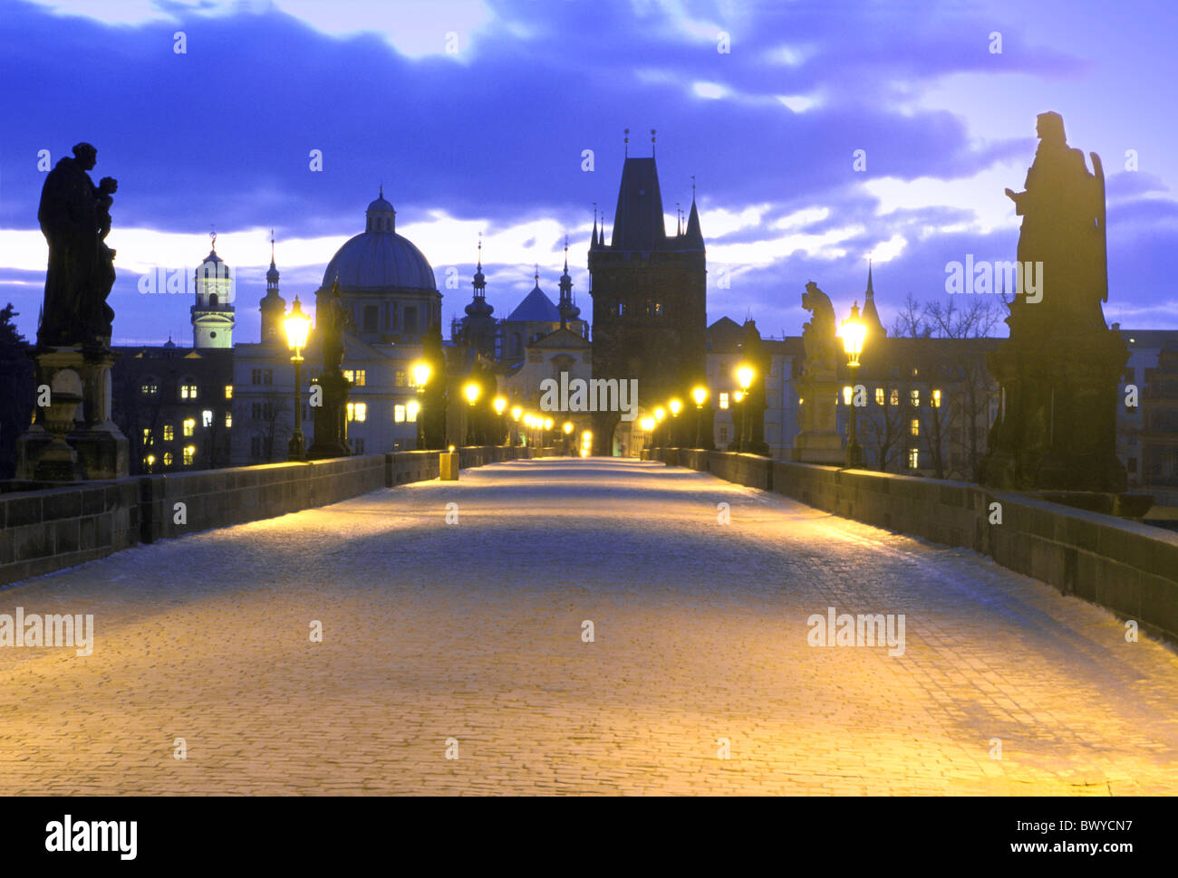 old town-dweller Bruckenturm bridge Charles bridge lanterns night at night Prague Czechia Europe Stock Photo