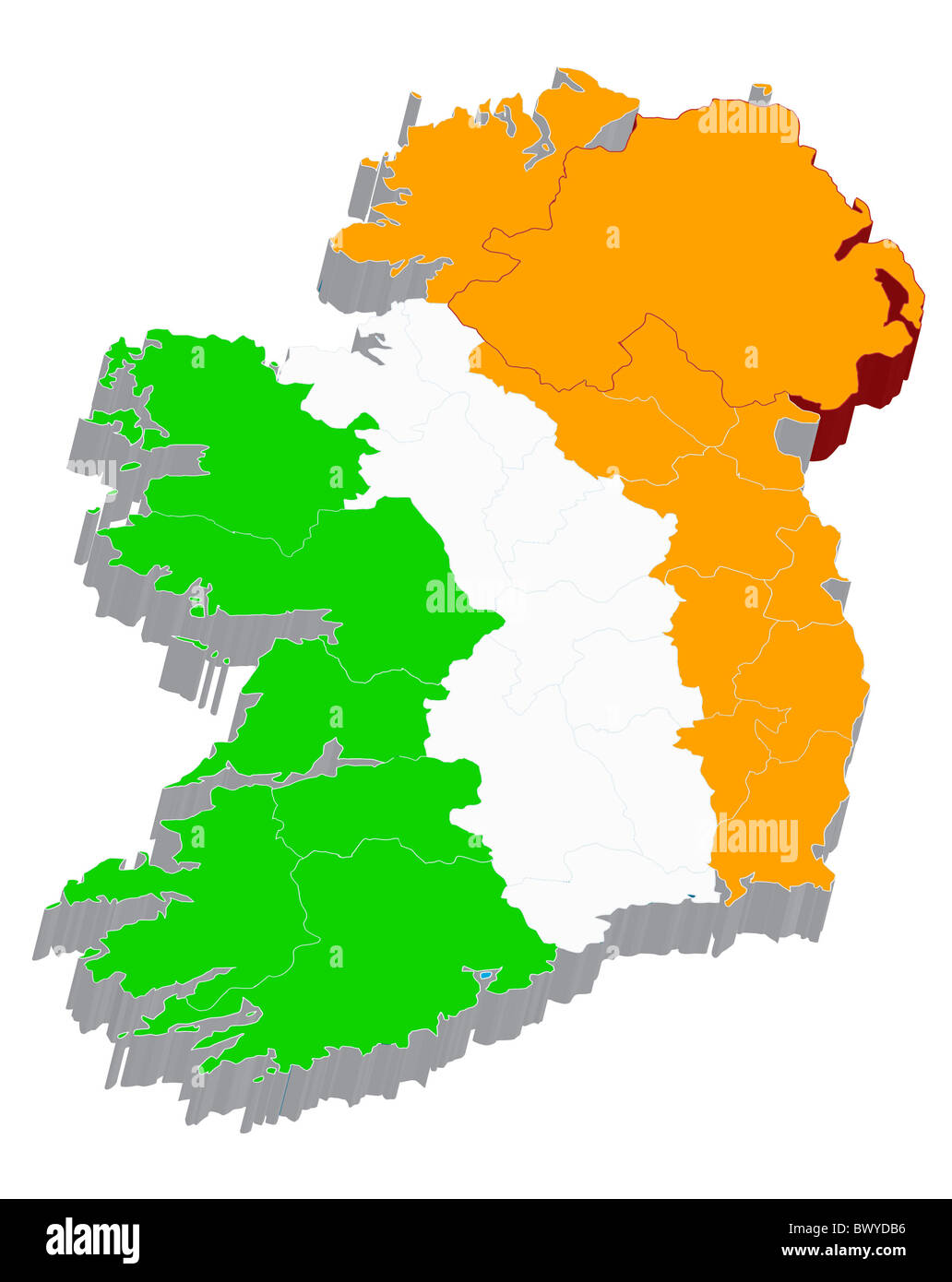 There is a 3d map of Ireland with flag on Stock Photo