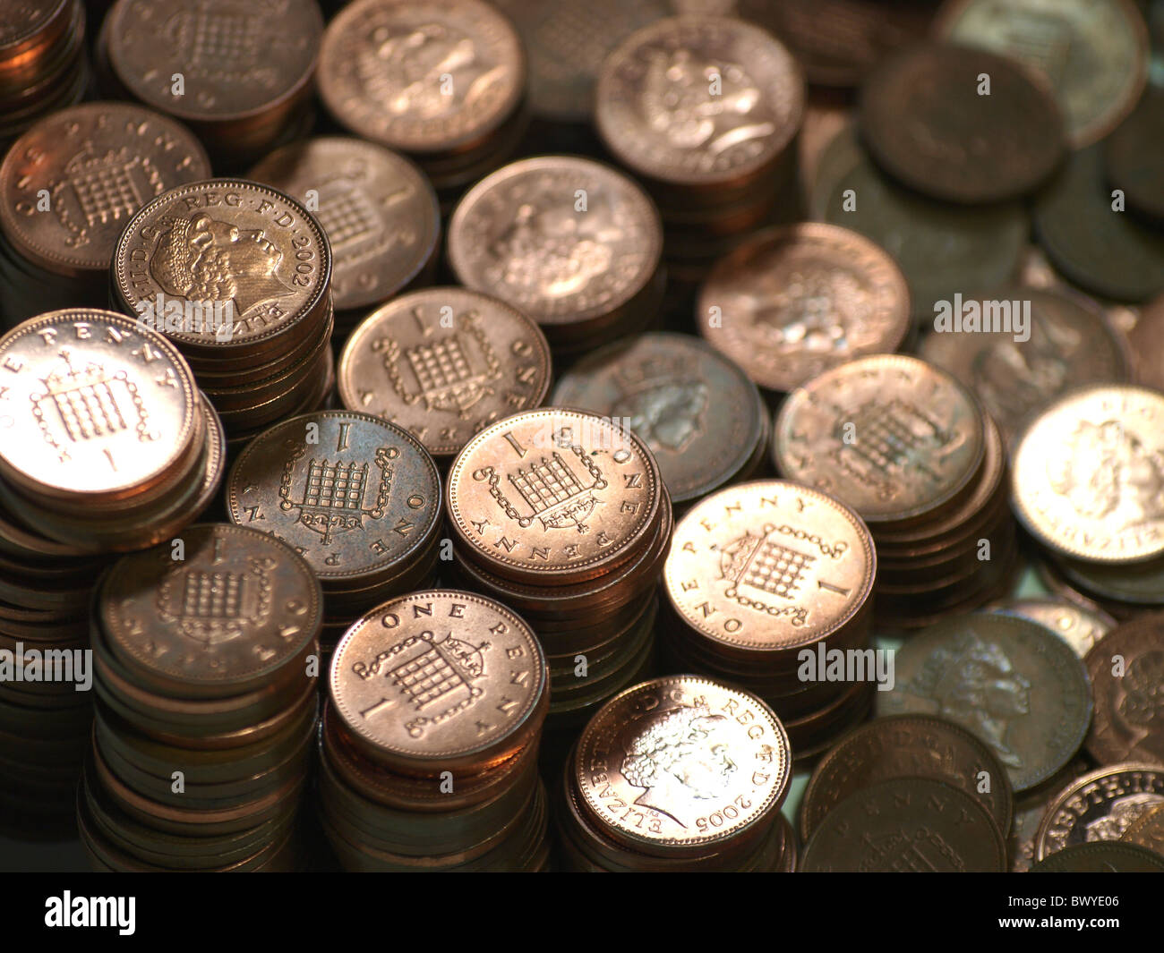 Piles of pennies, UK Stock Photo