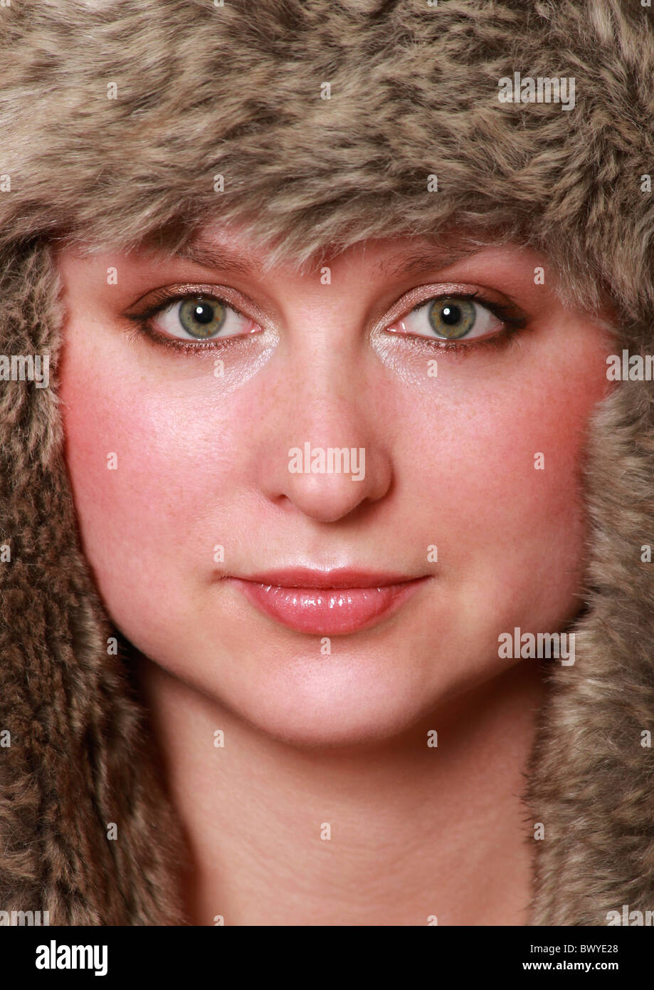 Russian woman wearing fur hat Stock Photo