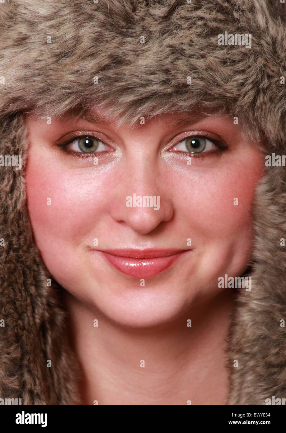 Russian woman wearing fur hat Stock Photo