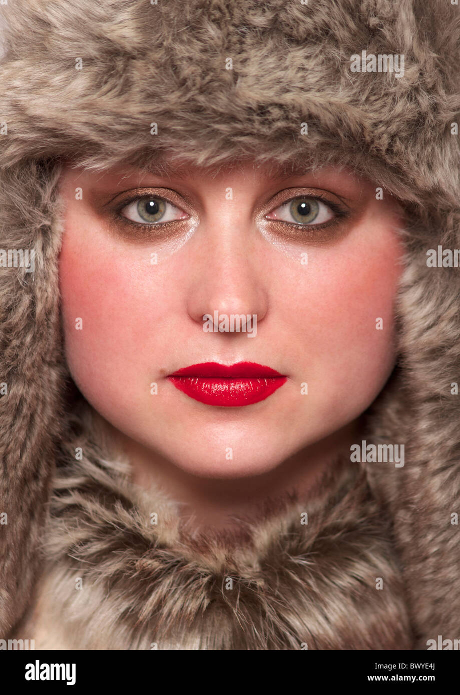 Russian woman wearing fur hat and stole Stock Photo