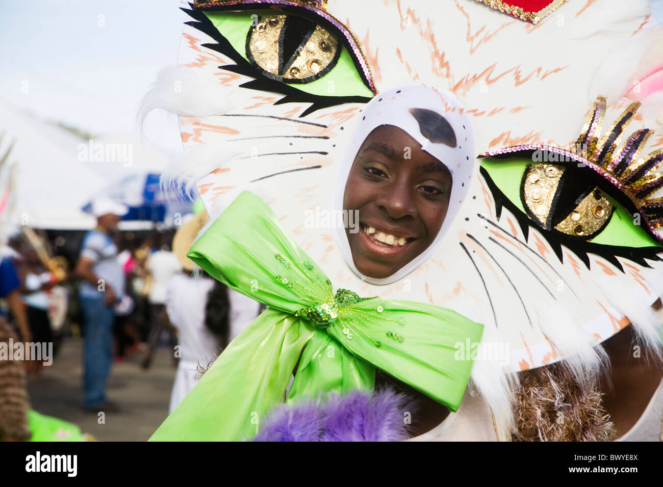 Trinidad Carnival Green-eyed cat costume boy from 'Cats'  St Dominic's Childrens Home Stock Photo