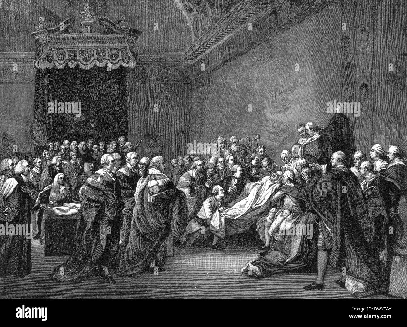 The Death of William Pitt the Elder, 1st Earl of Chatham, 1803; Black and White Illustration; Stock Photo