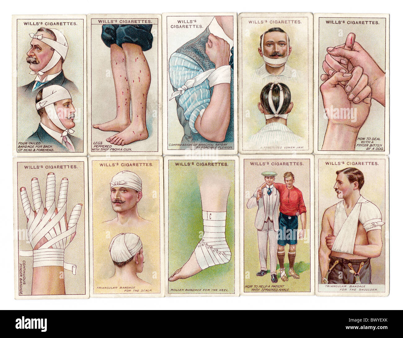 wills cigarette cards W.D &H.O Wills First Aid Cigarette picture cards issued in 1913 Stock Photo