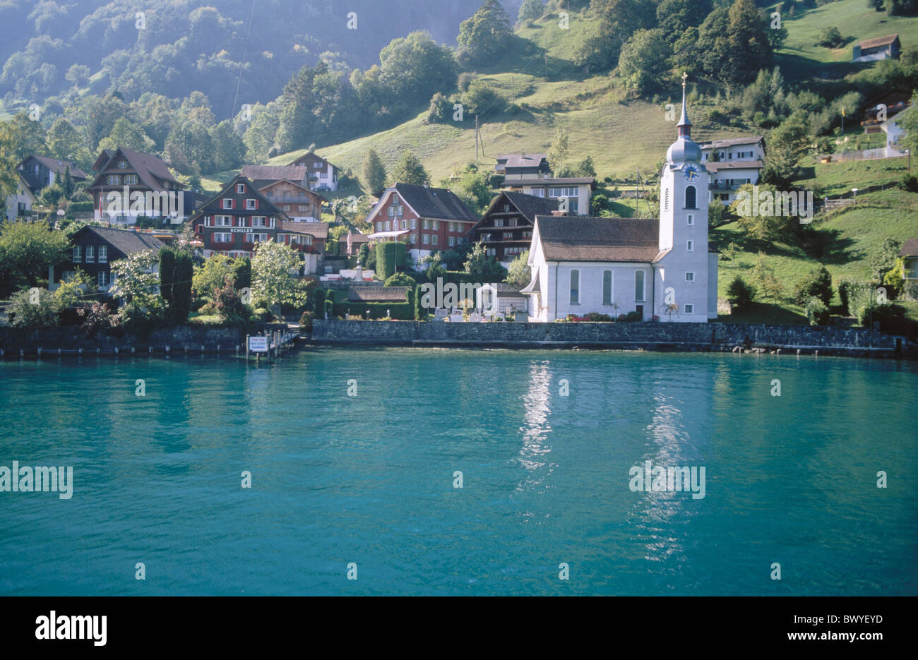 construction village houses homes hills church Switzerland Europe mood