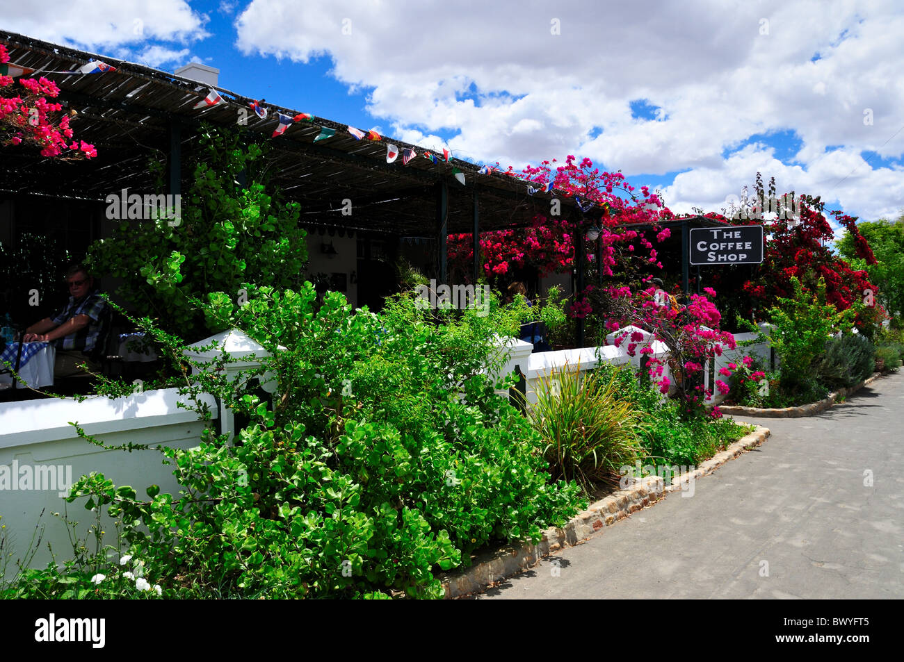 Flower covered patio of a restaurant. Prince Albert, South Africa Stock