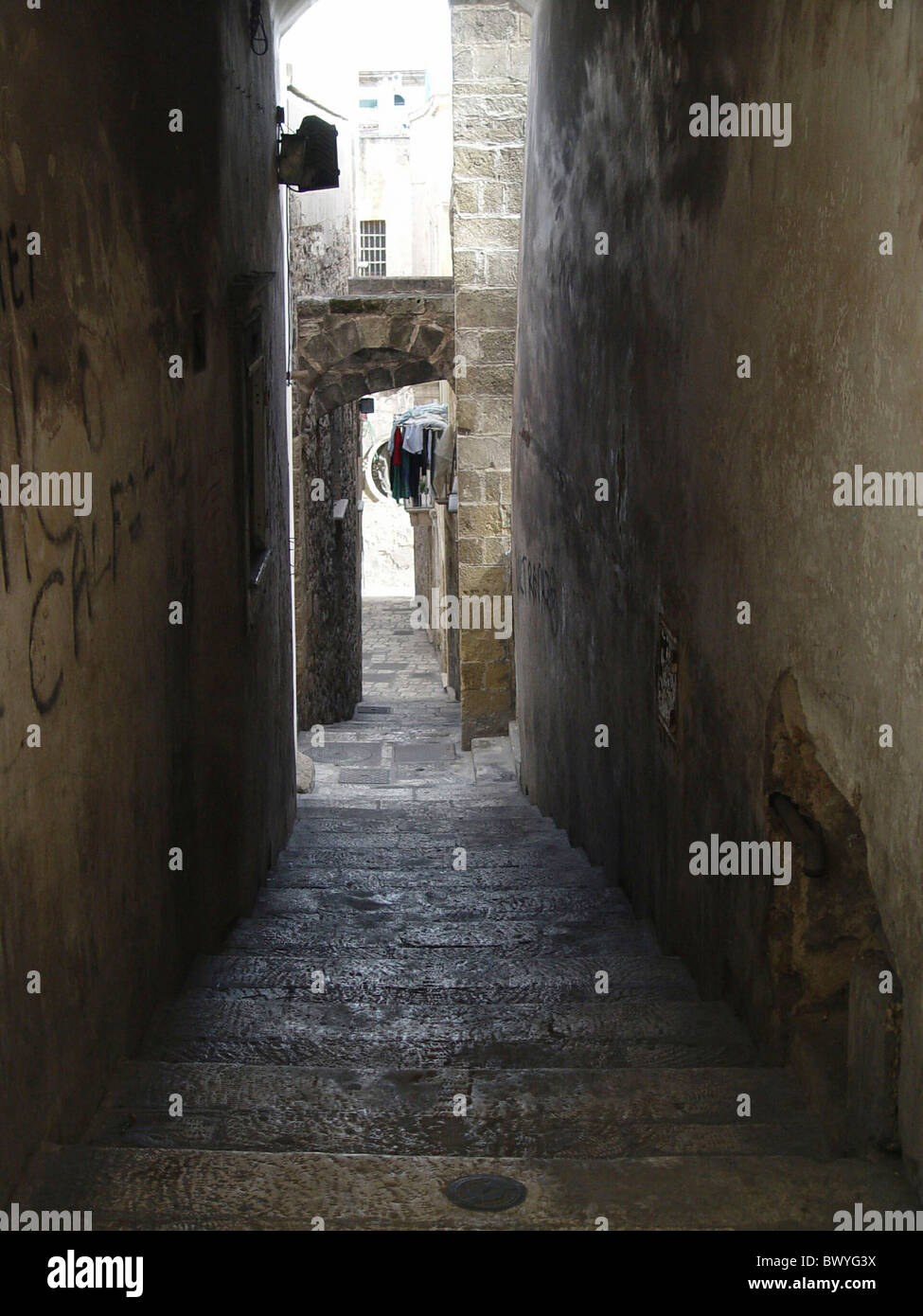 Apulia city corridor hall Italy Europe lane laundry narrowly old town stair steps Taranto town