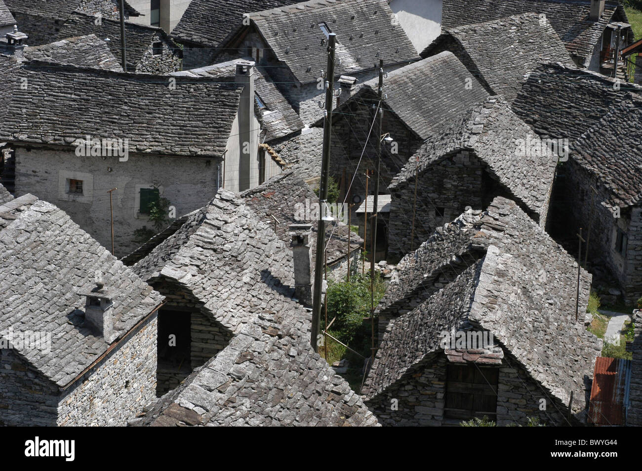Brione roofs village houses homes Switzerland Europe stone roofs stone bricks Ticino typical Val Verzasca Stock Photo