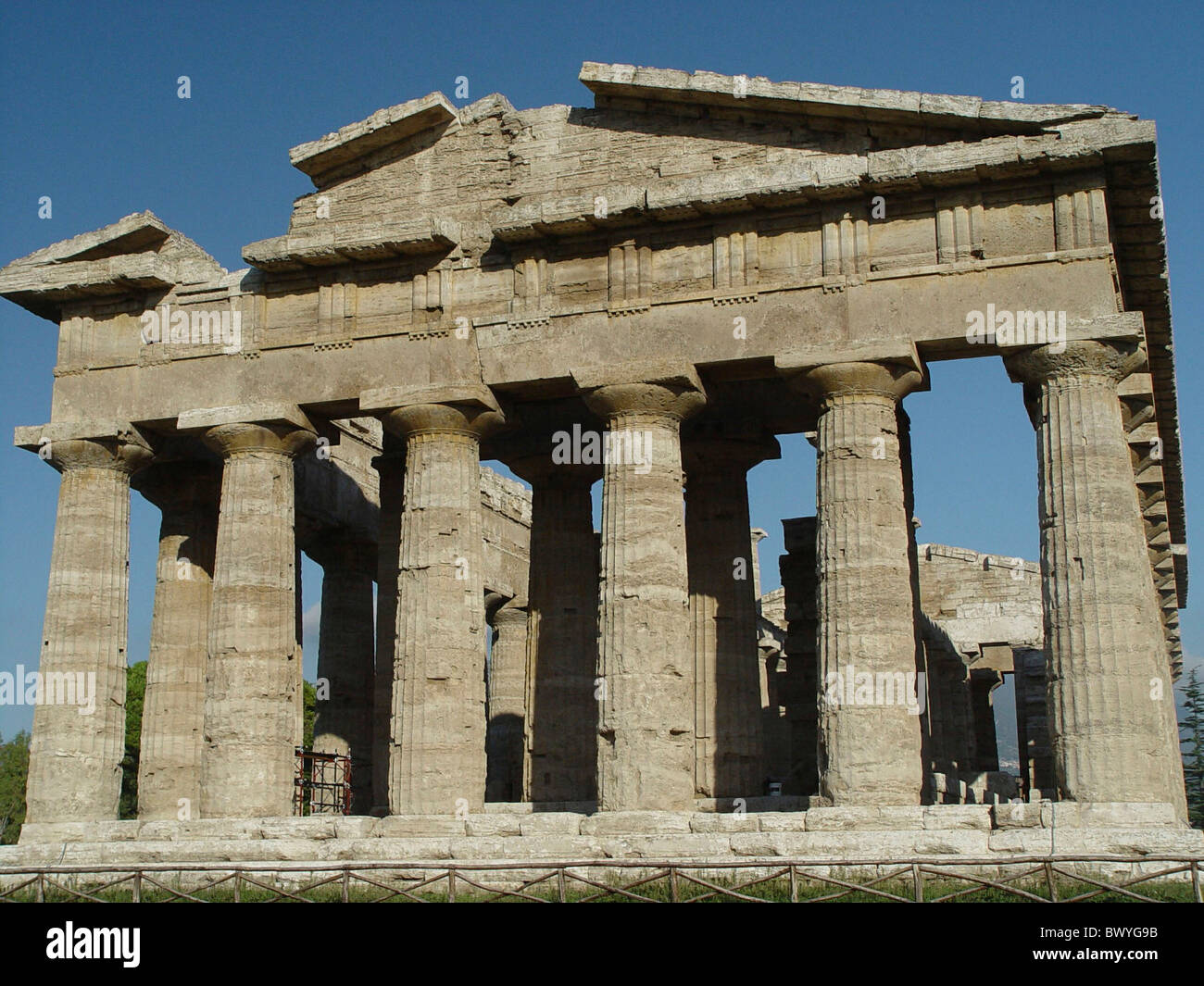 antique antiquity Campagna columns Dorian Doric Italy Europe Paestum ruins temple Stock Photo