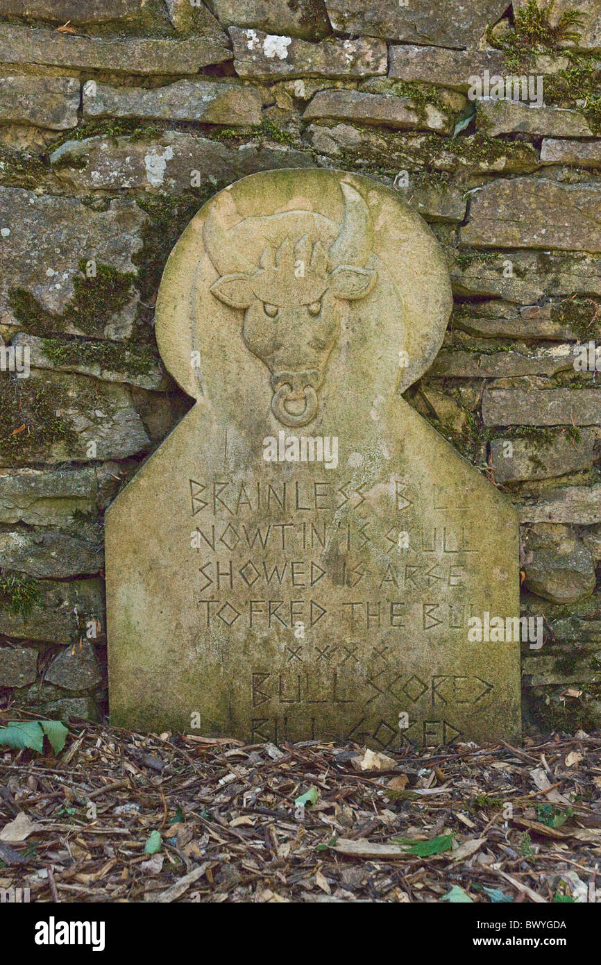 Mock gravestone at the Forbidden Corner at Coverham, near Middleham, North Yorkshire. Stock Photo