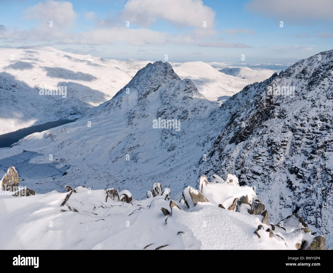 Tryfan and Bristly Ridge from Y Gribin - the Bochlwyd Horseshoe in winter conditions. Stock Photo