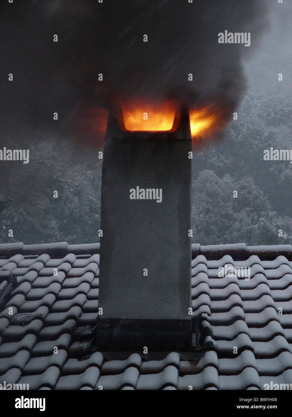 Chimney Chimney Fire Fire Fireplace Home House Roof Smoke Snowfall