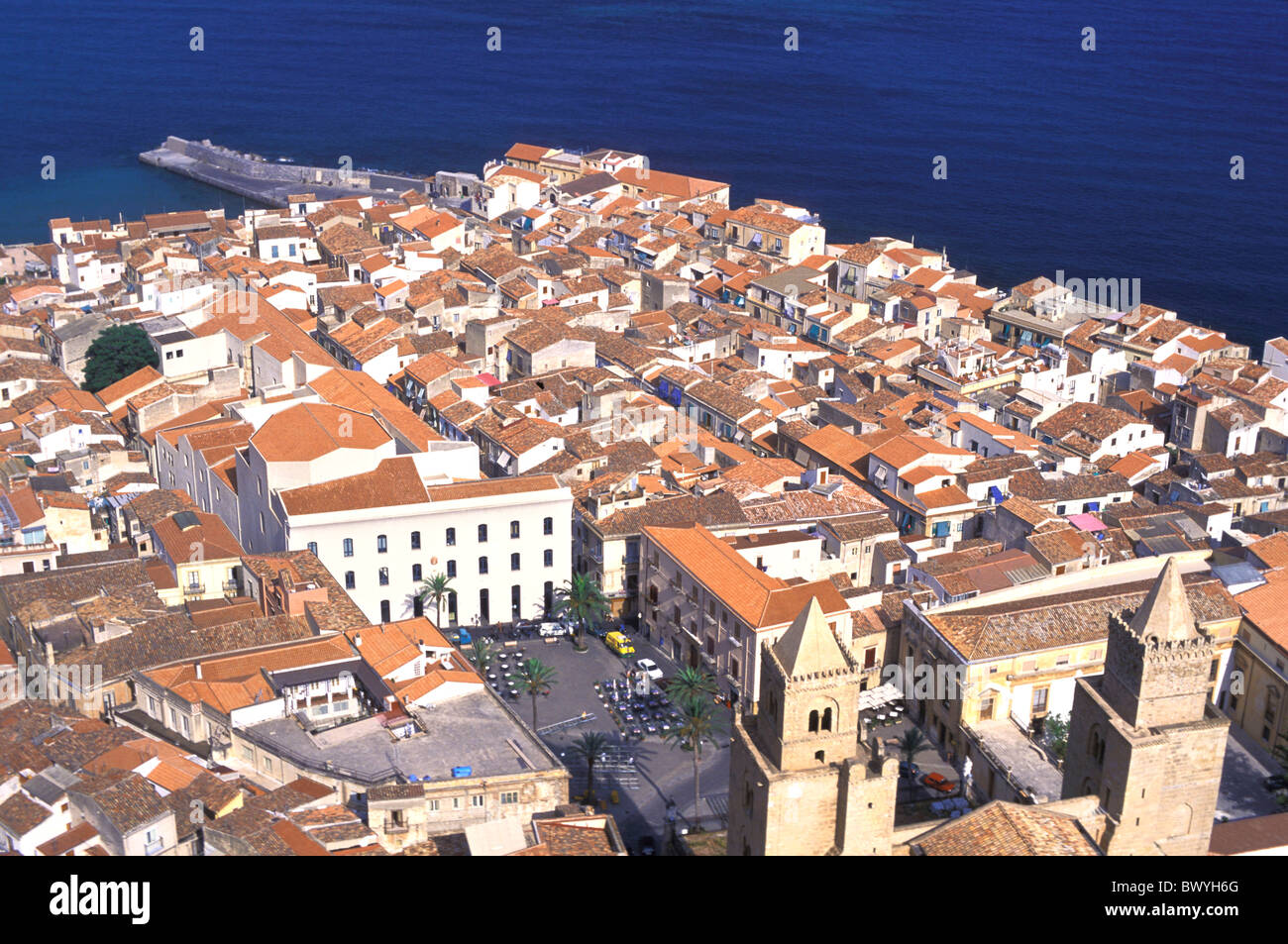 Old Town Cefalu cathedral dome Italy Europe coast sea place Sicily town ...