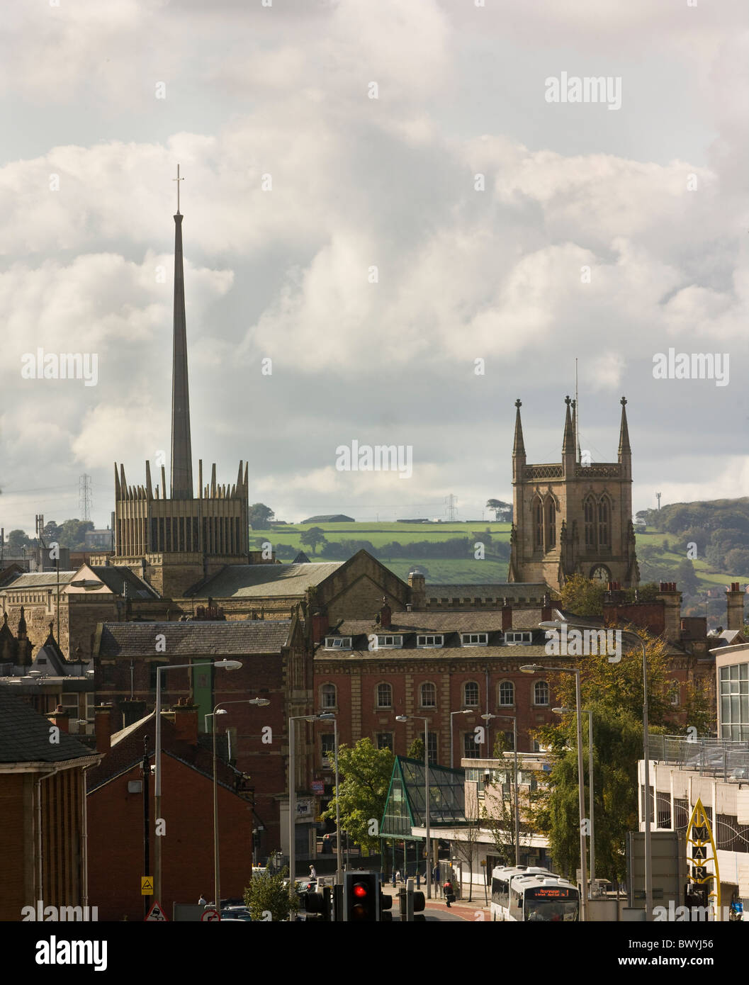 Blackburn Cathedral spire and lantern added 1962-67 to designs of Laurence King and John Hayward view from city Stock Photo