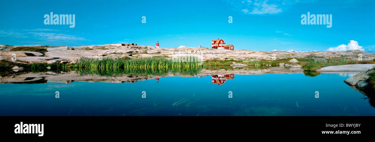 Bohuslan Hallo house home island isle coast lighthouse panorama Sweden Europe reflection Stock Photo