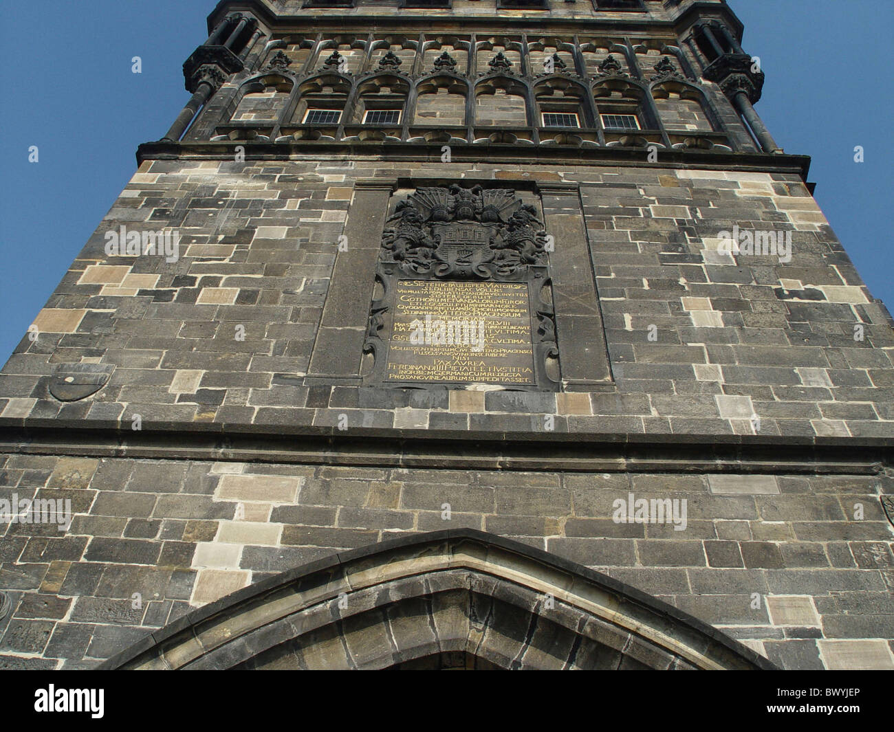 old town-dweller Bruckenturm architecture overview buildings detail facade historical Charles bridge sculptu Stock Photo