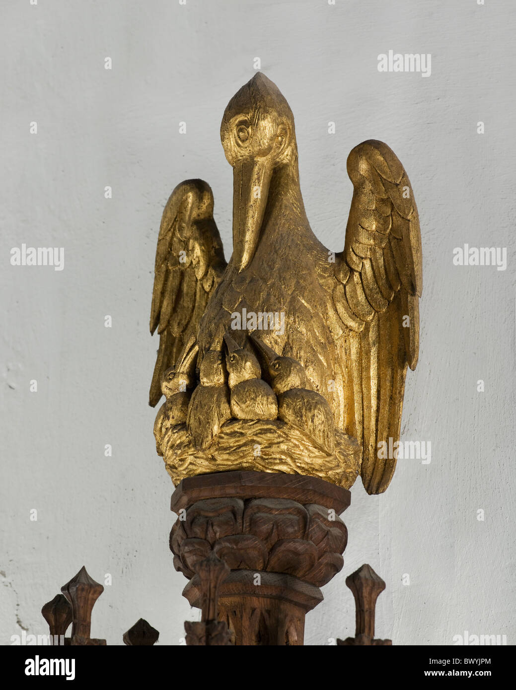 Blackburn Cathedral pelican on top of original cathedra, by 19th century carver Advent Hunstone Stock Photo