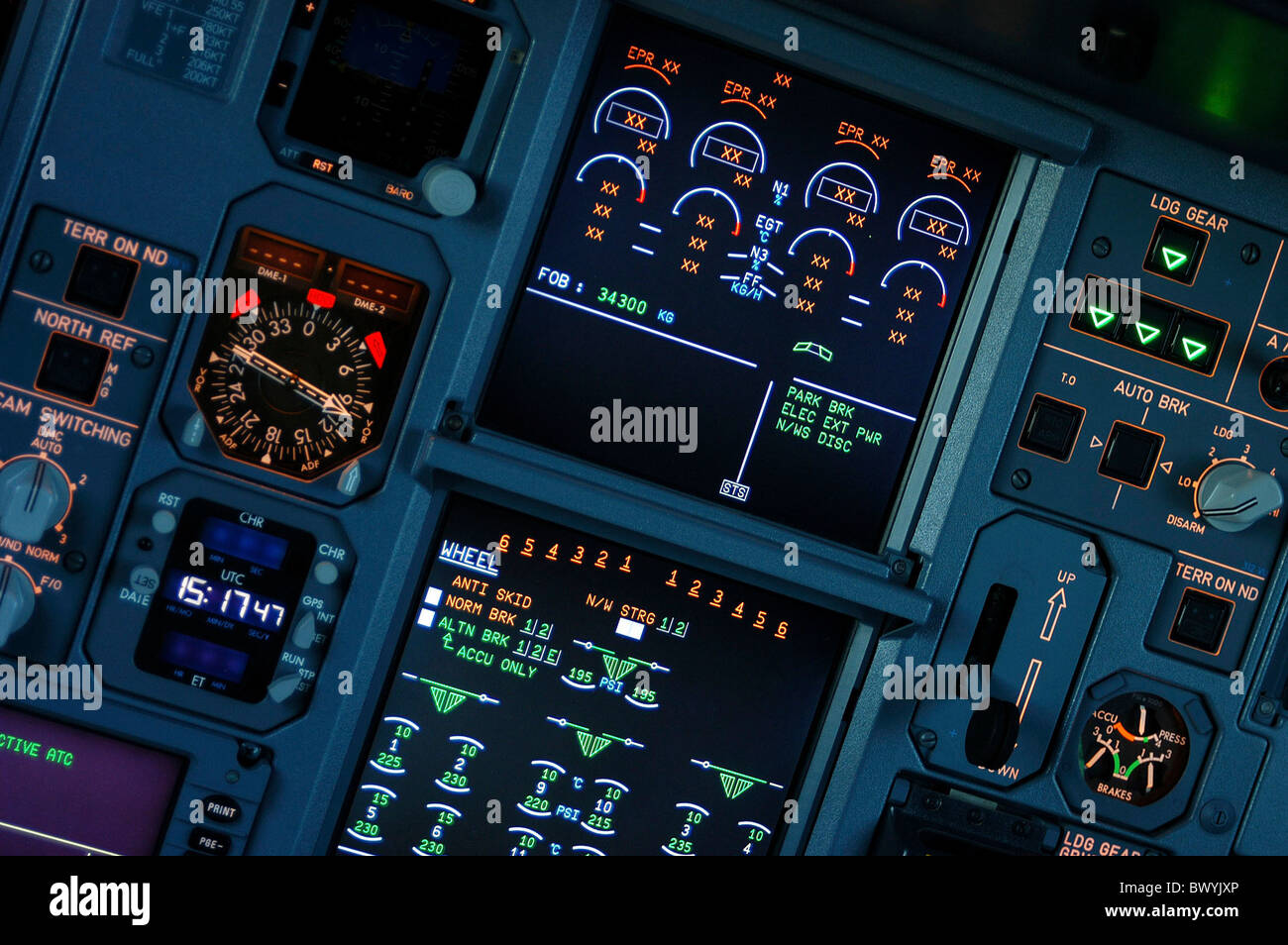 A 340 600 Airbus airplane aviation buttons cockpit counter detail display instruments jet jet airplane k Stock Photo