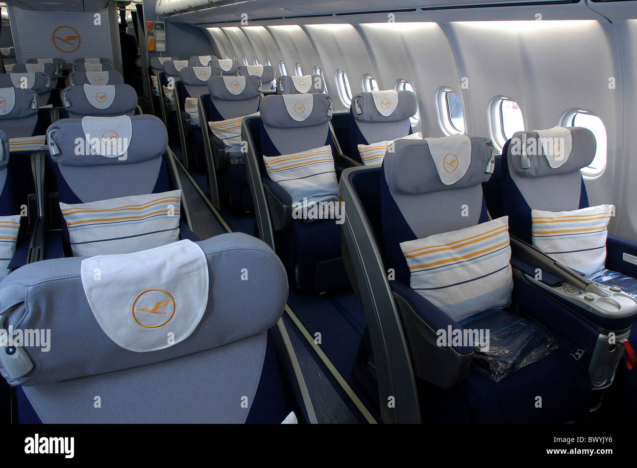 A 340 600 Airbus airplane armchairs aviation business class inside jet jet airplane Lufthansa seats Stock Photo