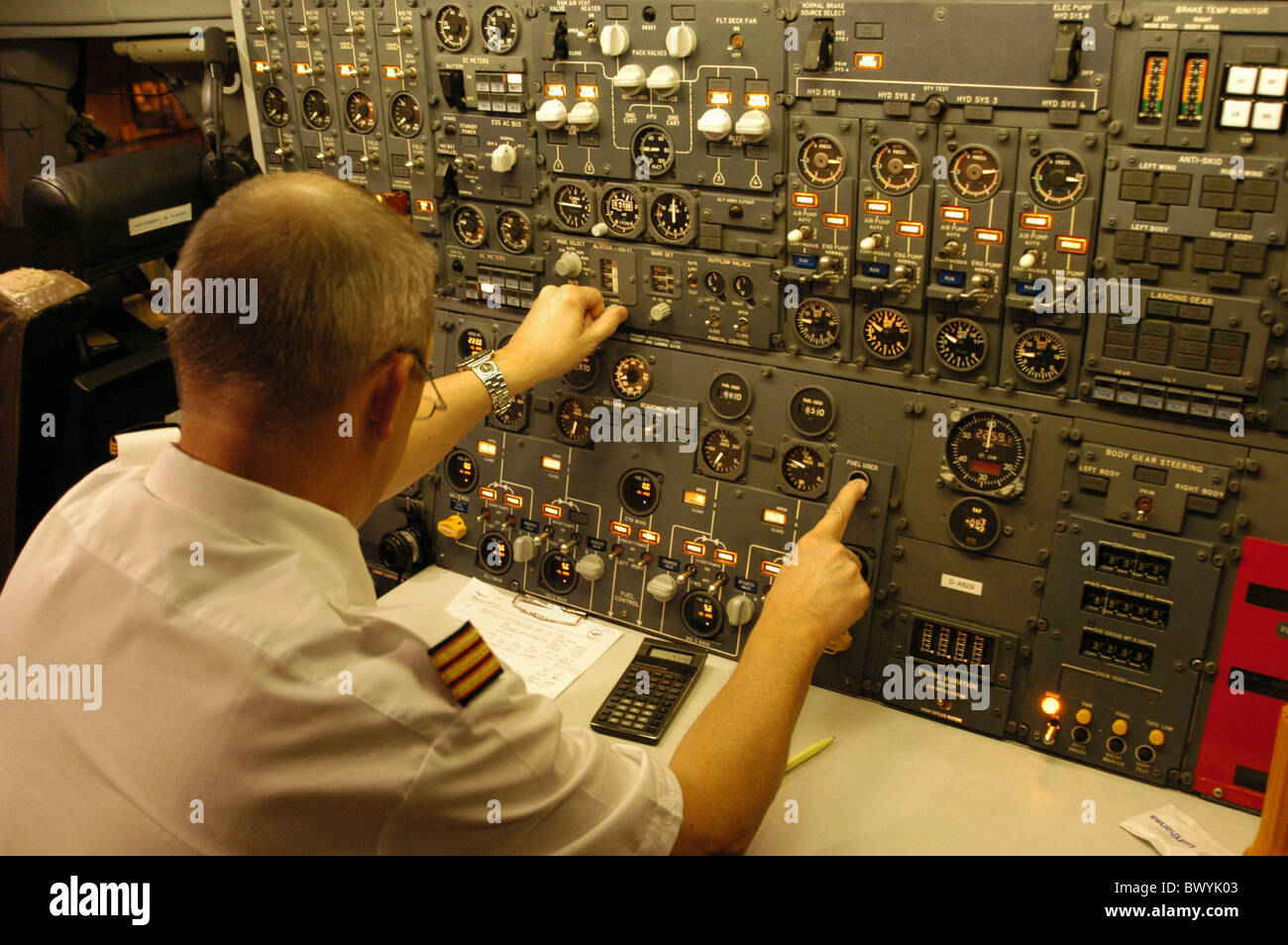 747 airplane aviation Boeing B747 200 buttons cockpit counters Flight Engineer flight engineer instruments Stock Photo