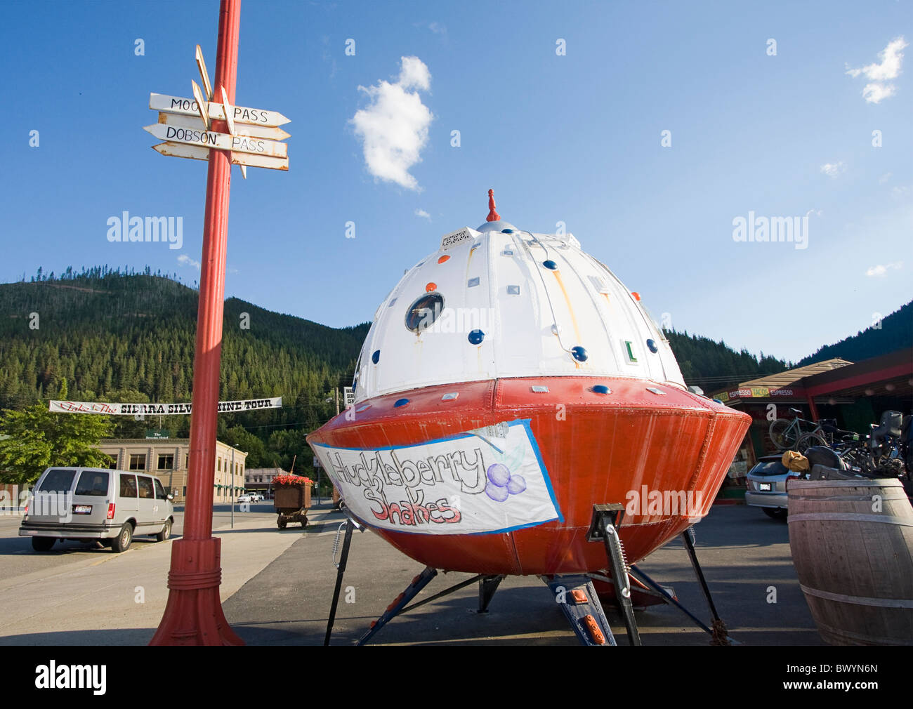 'Spaceship' advertising local favorate huckleberry icecream, one of many quirky things in Wallace, a small town in Idaho Stock Photo