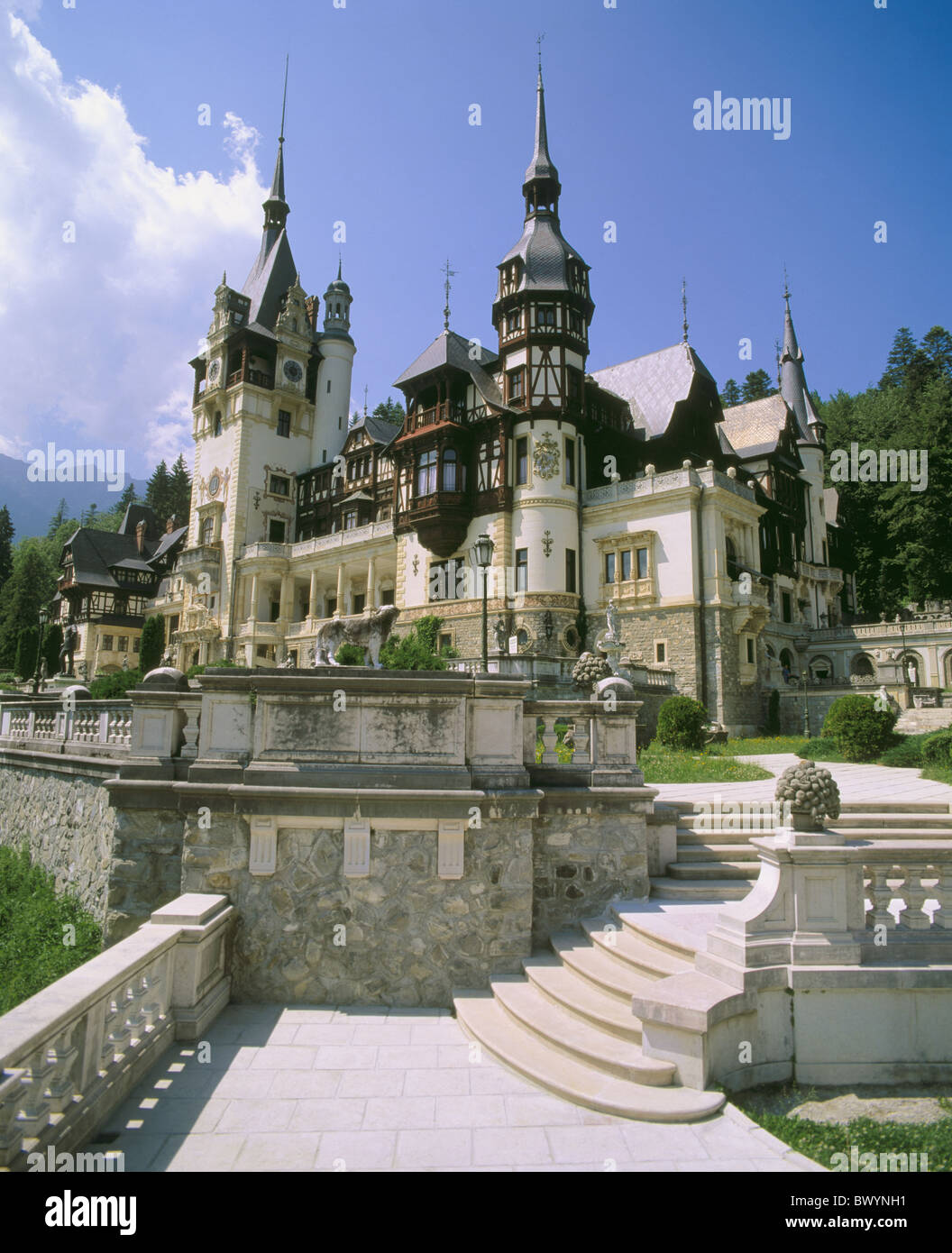 former royal castle Romania castle Peles Sinaia stair towers rooks Stock  Photo - Alamy