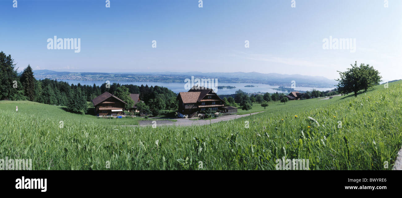 farmhouses Feusisberg canton Schwyz scenery panorama Switzerland Europe wide angle Zurich lake sea Stock Photo