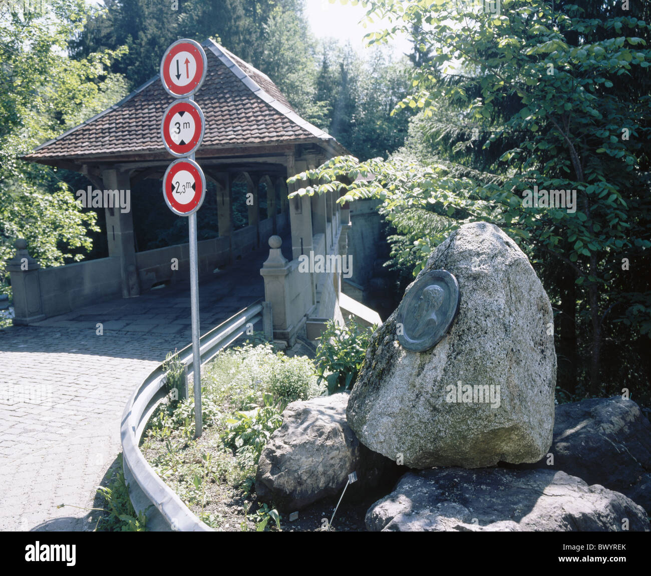 bridge memorial stone tablet canton Schwyz Switzerland Europe Paracelsus signs Switzerland Europe Sihlsee Stock Photo