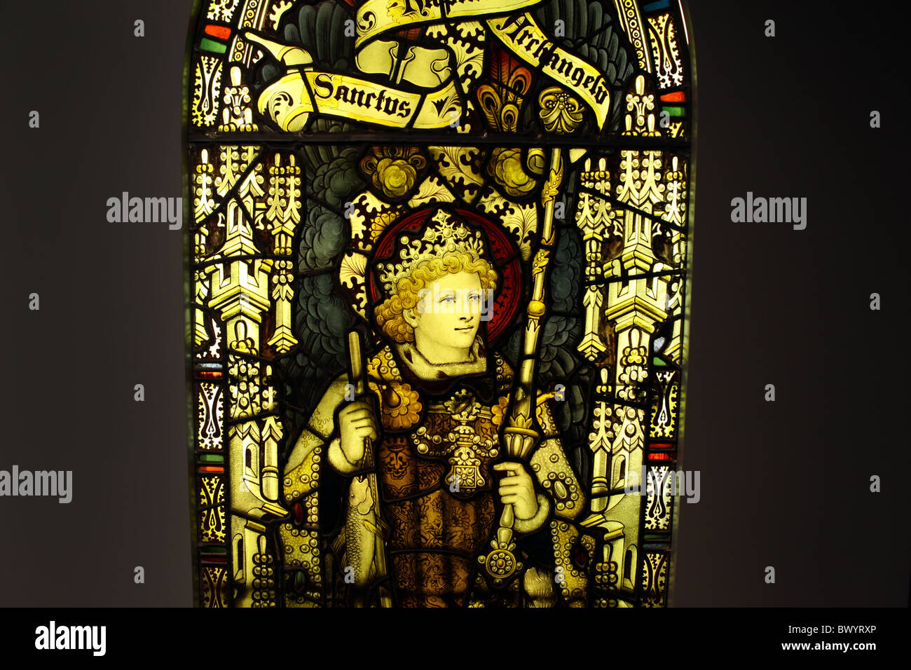 A stained glass window inside Edinburgh Castle in Scotland. Stock Photo