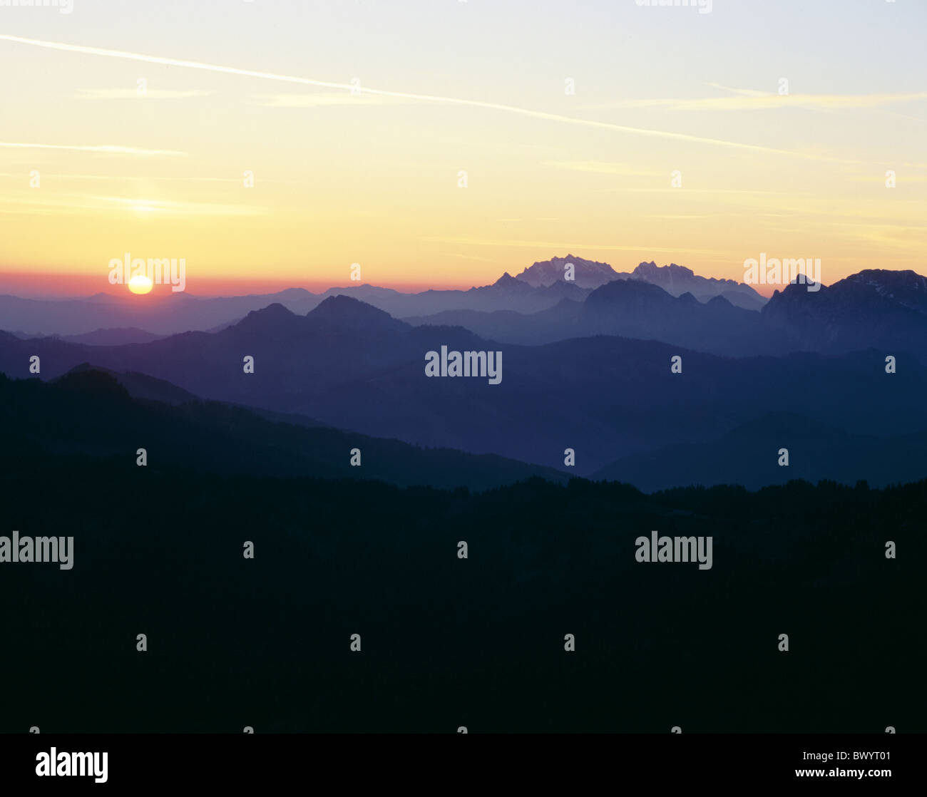 alpine Alps mountains view from large myth dusk twilight canton Schwyz scenery in morning Santis Switze Stock Photo