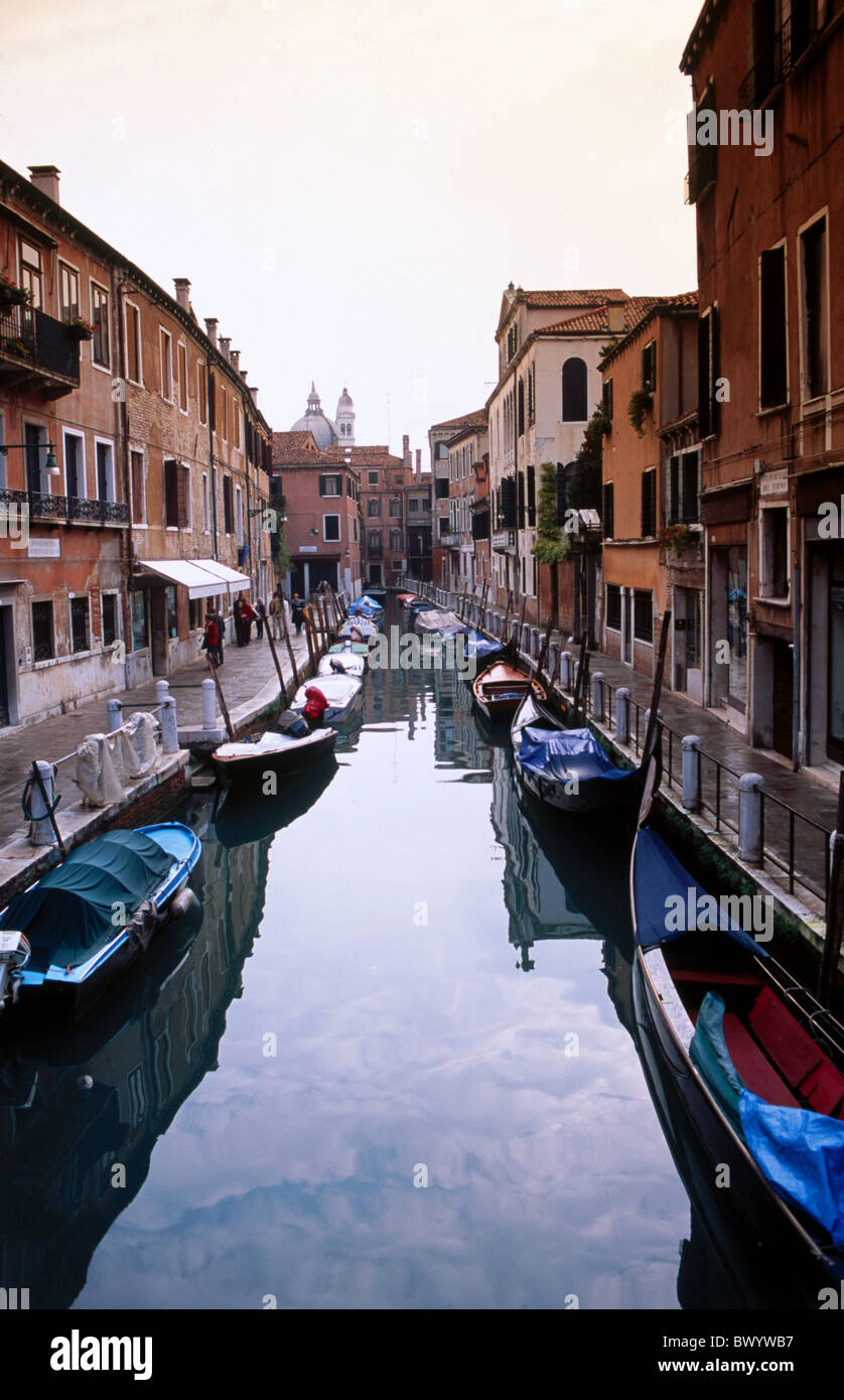 boats Dosoduro gondolas houses homes house line Italy Europe canal channel Venice water Stock Photo
