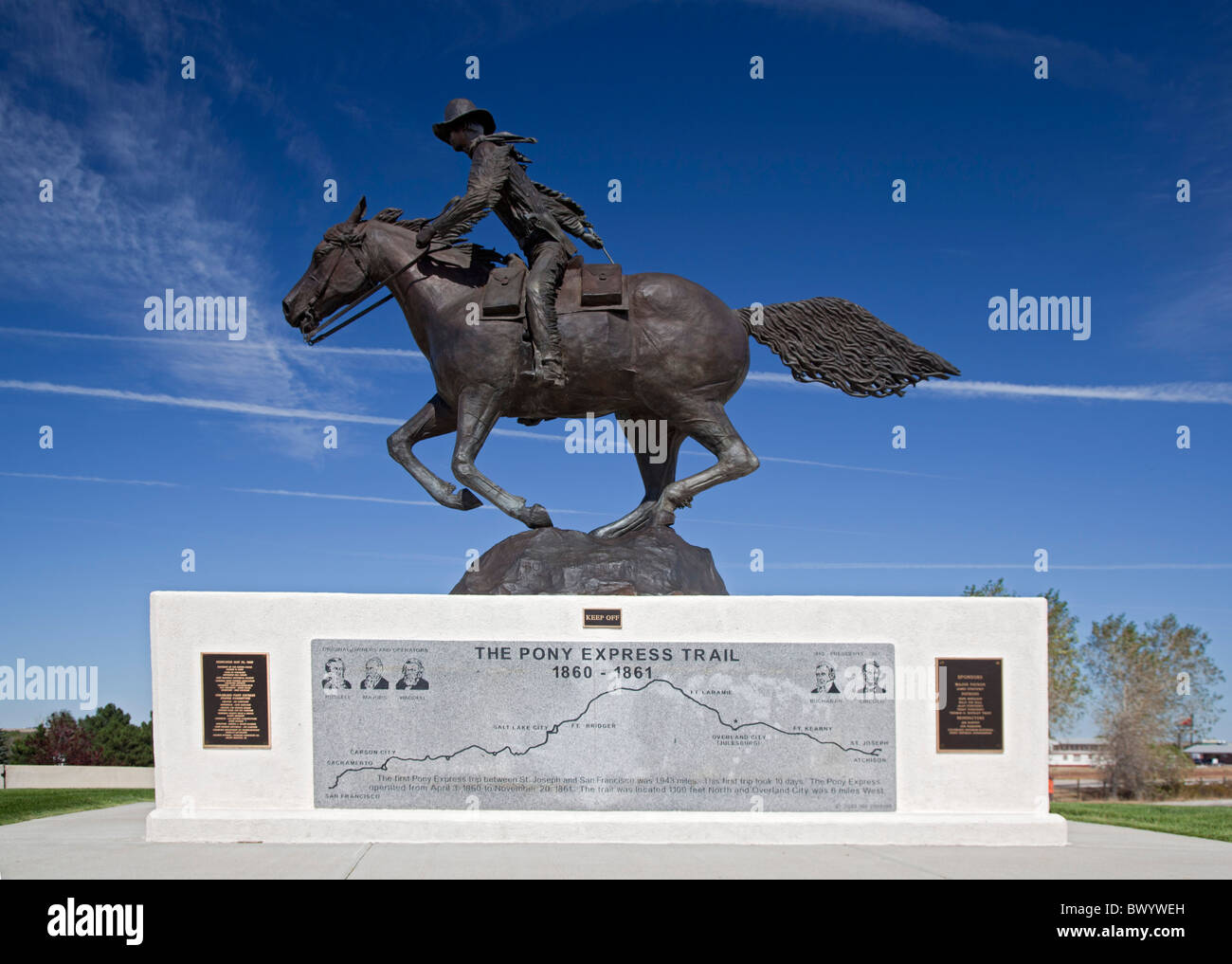Julesburg, Colorado - A monument to the Pony Express, scupted by Brenda Daniher. Stock Photo