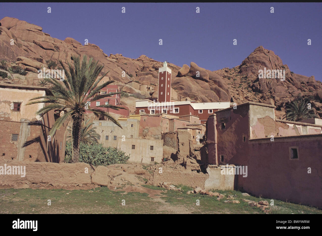 Anti atlas East Morocco Africa mosque mountains palm tree rock Tafraoute Stock Photo