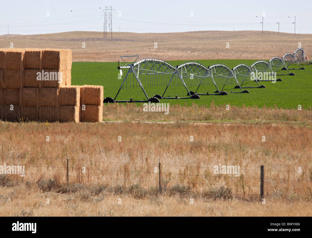 Iliff, Colorado Stacked hay next to irrigation equipment in the arid