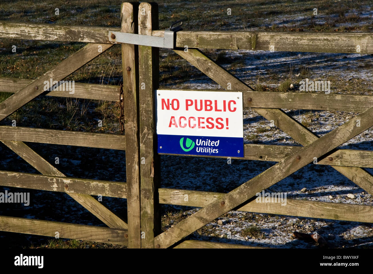 United Utilities notice on land in Ogden Valley, near Milnrow (Greater Manchester)  Pennine hills, UK. Stock Photo