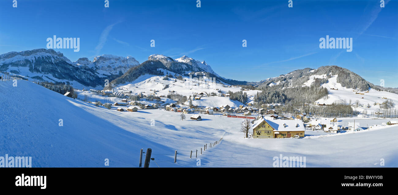 Alpstein mountains village Ebenalp canton Appenzell Innerrhoden scenery panorama panorama snow Switzerland Stock Photo