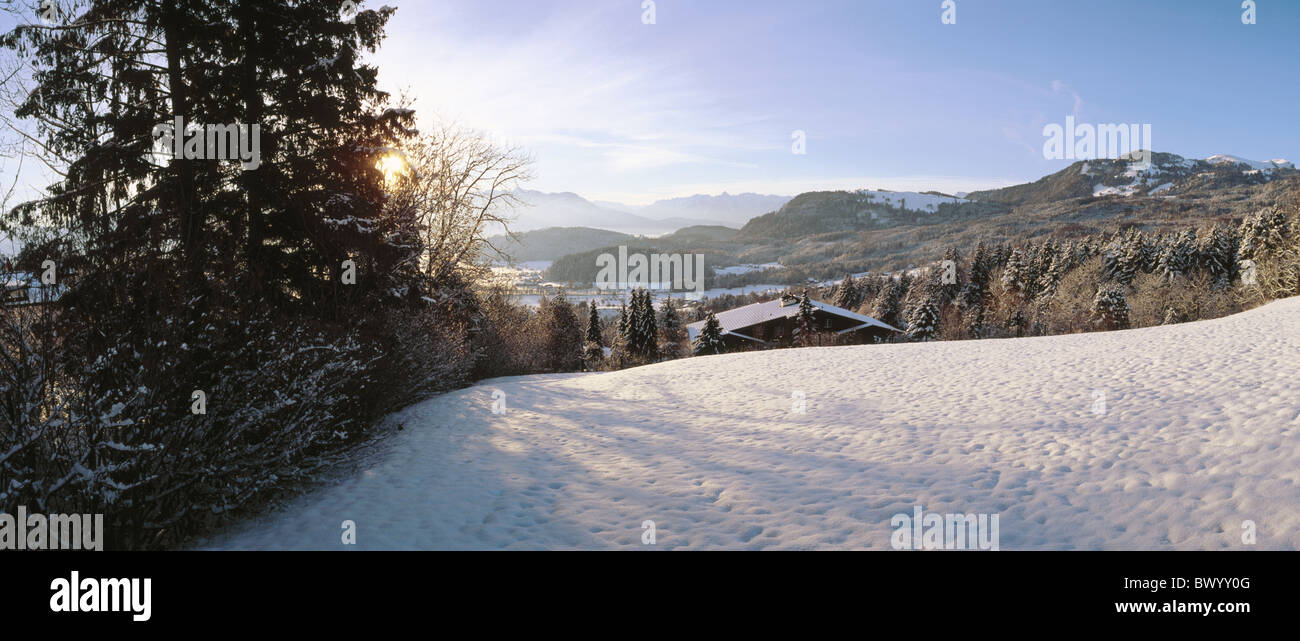 near standard mountain dusk twilight house home hill canton St. Gallen scenery panorama panorama Rhine Val Stock Photo