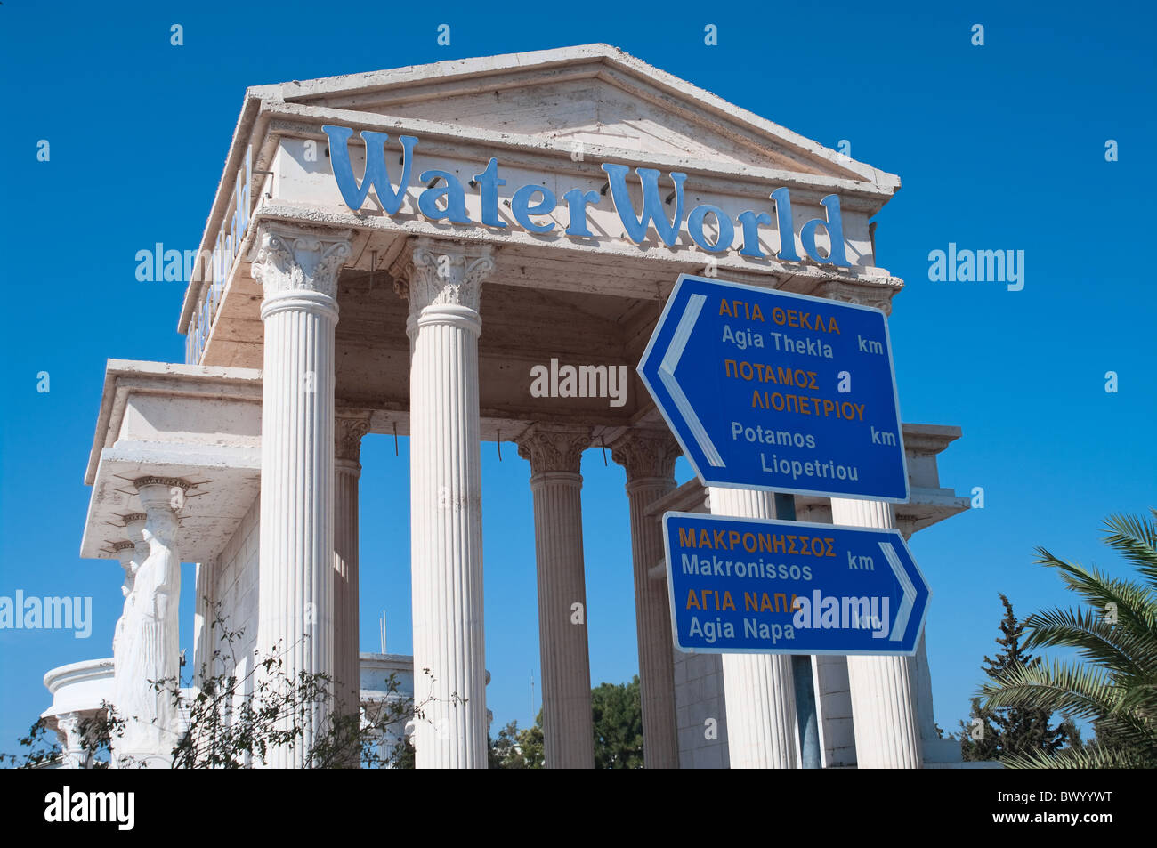 Waymark on road  in Cyprus republic to Agia Napa city and to Potamos. Near water park Waterworld entrance Stock Photo
