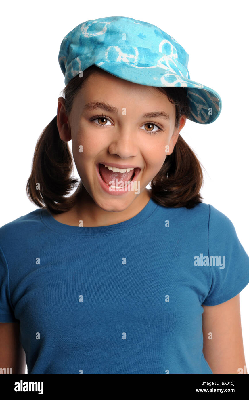 Portrait of young girl smiling isolated over white background Stock ...