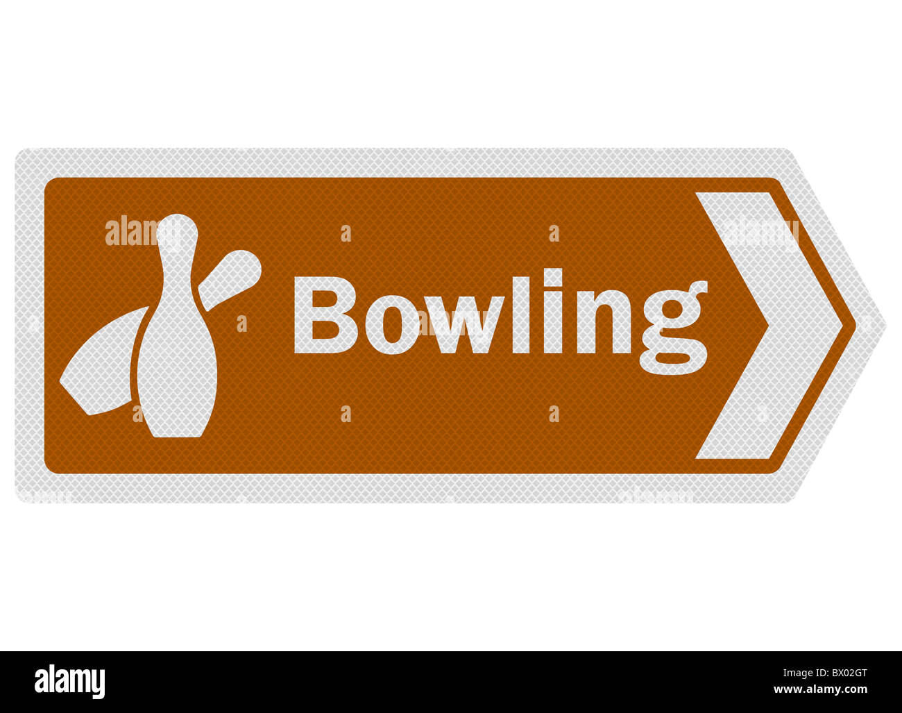 Photo-realistic tourist information-style roadsign, depicting 'bowling' Stock Photo