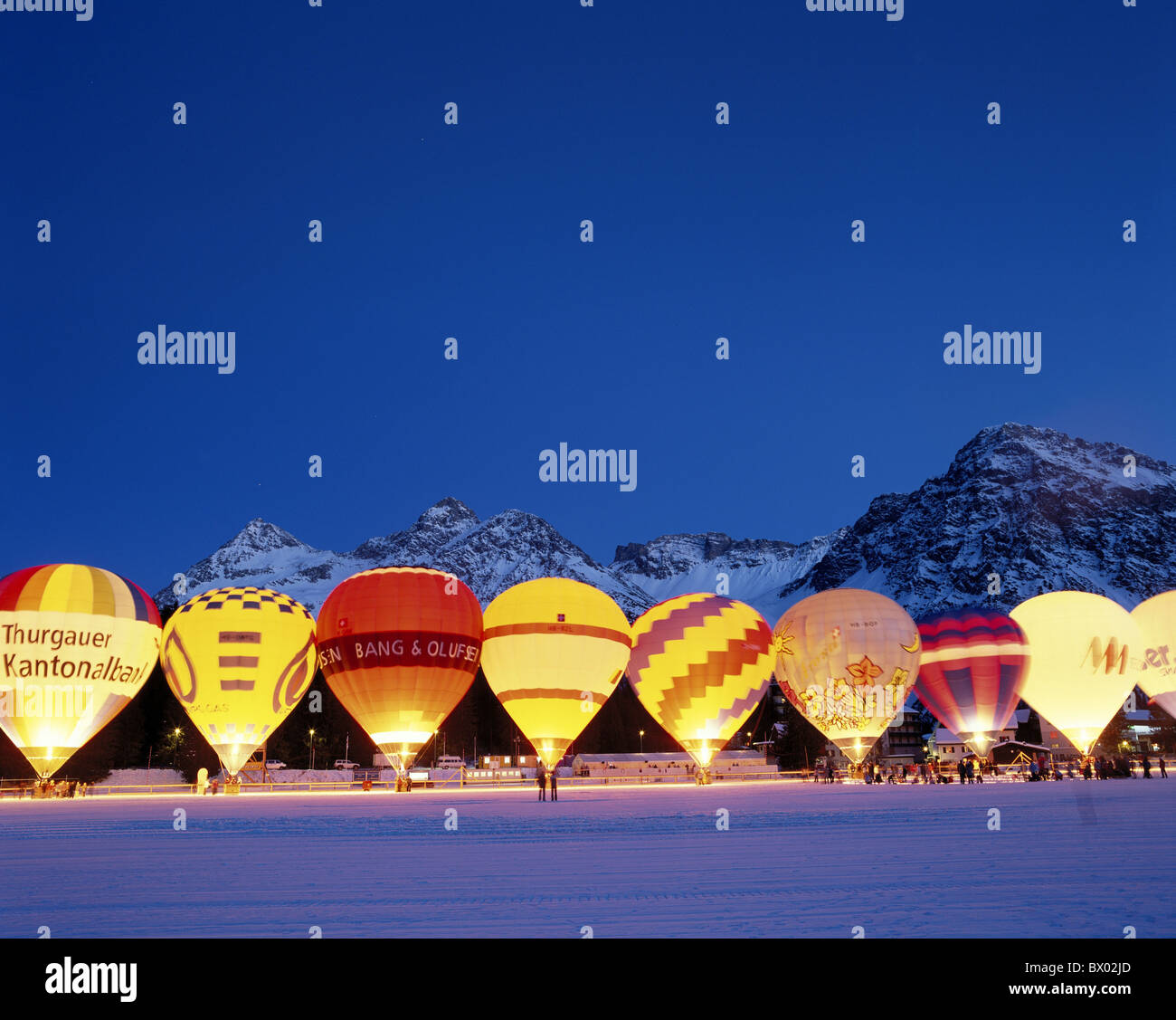 alpine Alps on ground bottom Arosa balloon ballooning balloon week mountains aviation flies hot-air ball Stock Photo