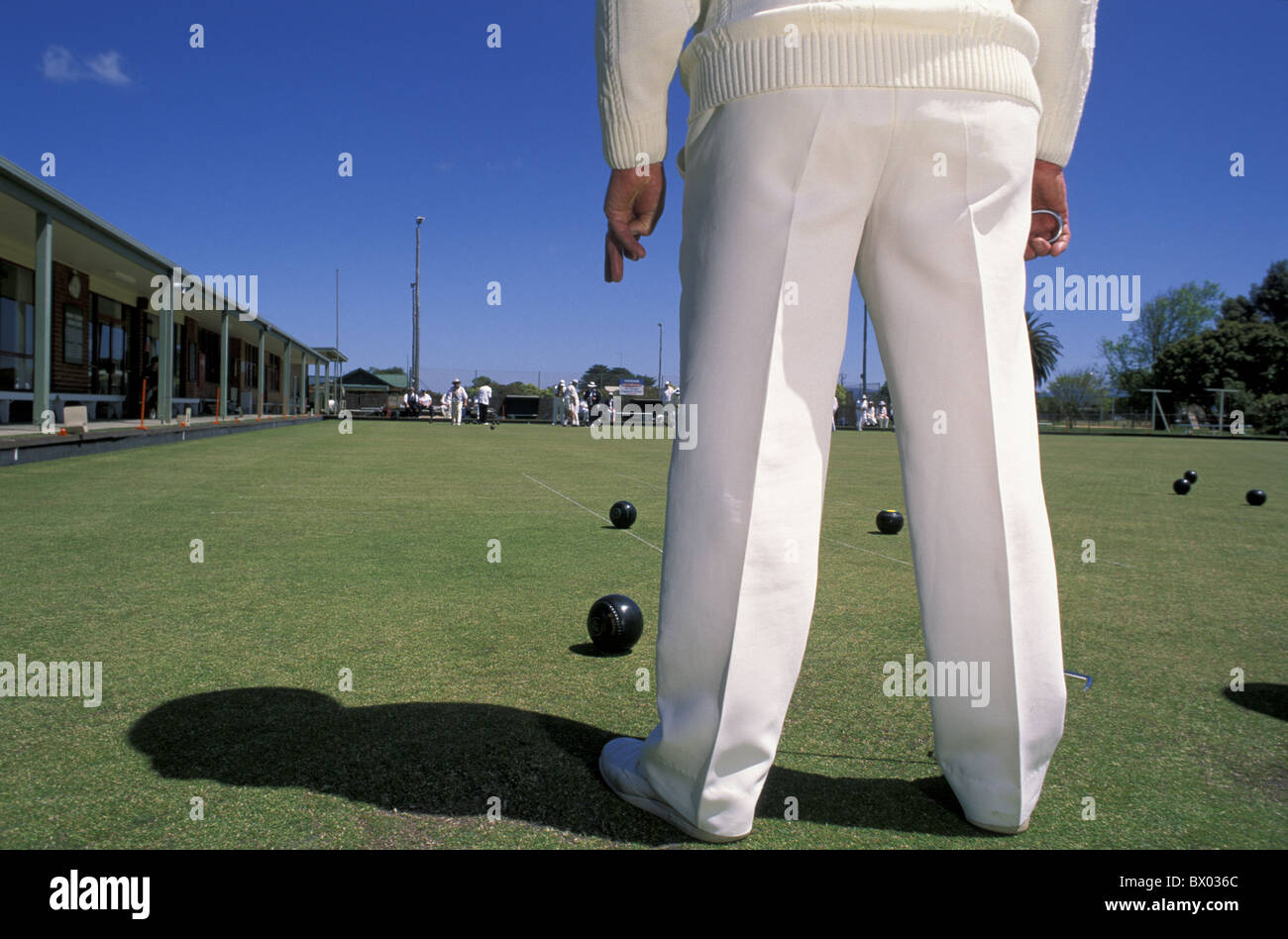 Australia Country Club Lawn Bowls Victoria Yarram grass ball ballgame bullets men people no model release Stock Photo