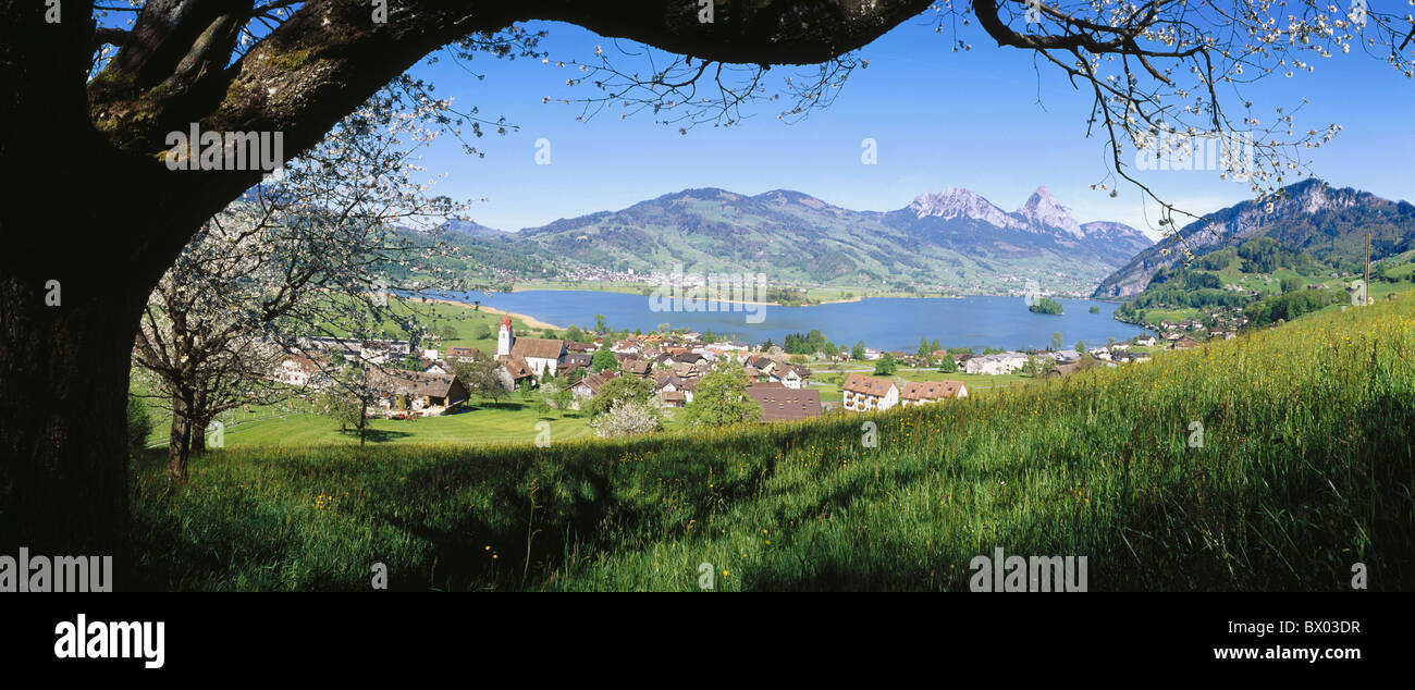 scenery lukewarm ore Lauerzersee lake myths panorama Switzerland Europe Schwyz wide angle Stock Photo