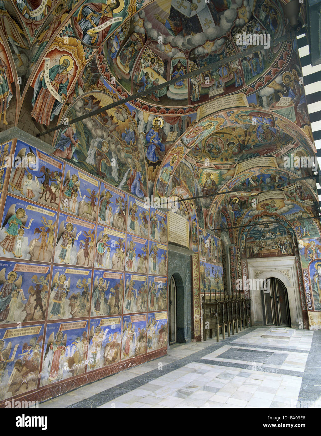 Bulgaria frescoes inside paintings orthodox church religion Rila cloister Switzerland Europe UNESCO world Stock Photo