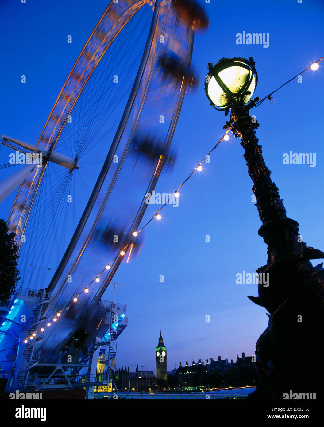 Big Ben dusk twilight turn lantern London Great Britain England Europe London Eye millennium Wheel big di Stock Photo