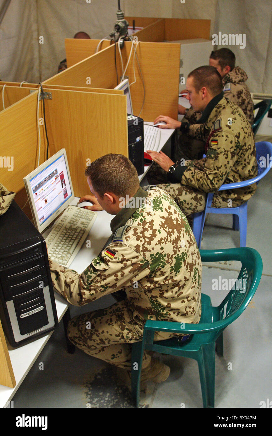 Soldiers in an internet cafe in Camp Marmal, Mazar-e Sharif, Afghanistan Stock Photo