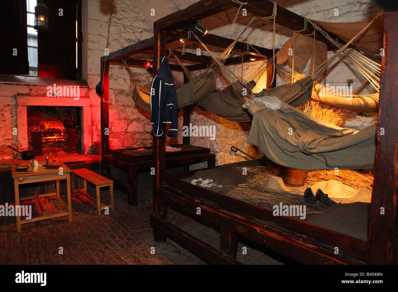 Installation showing the hammocks of prisoners of war inside Edinburgh Castle in Scotland. Stock Photo
